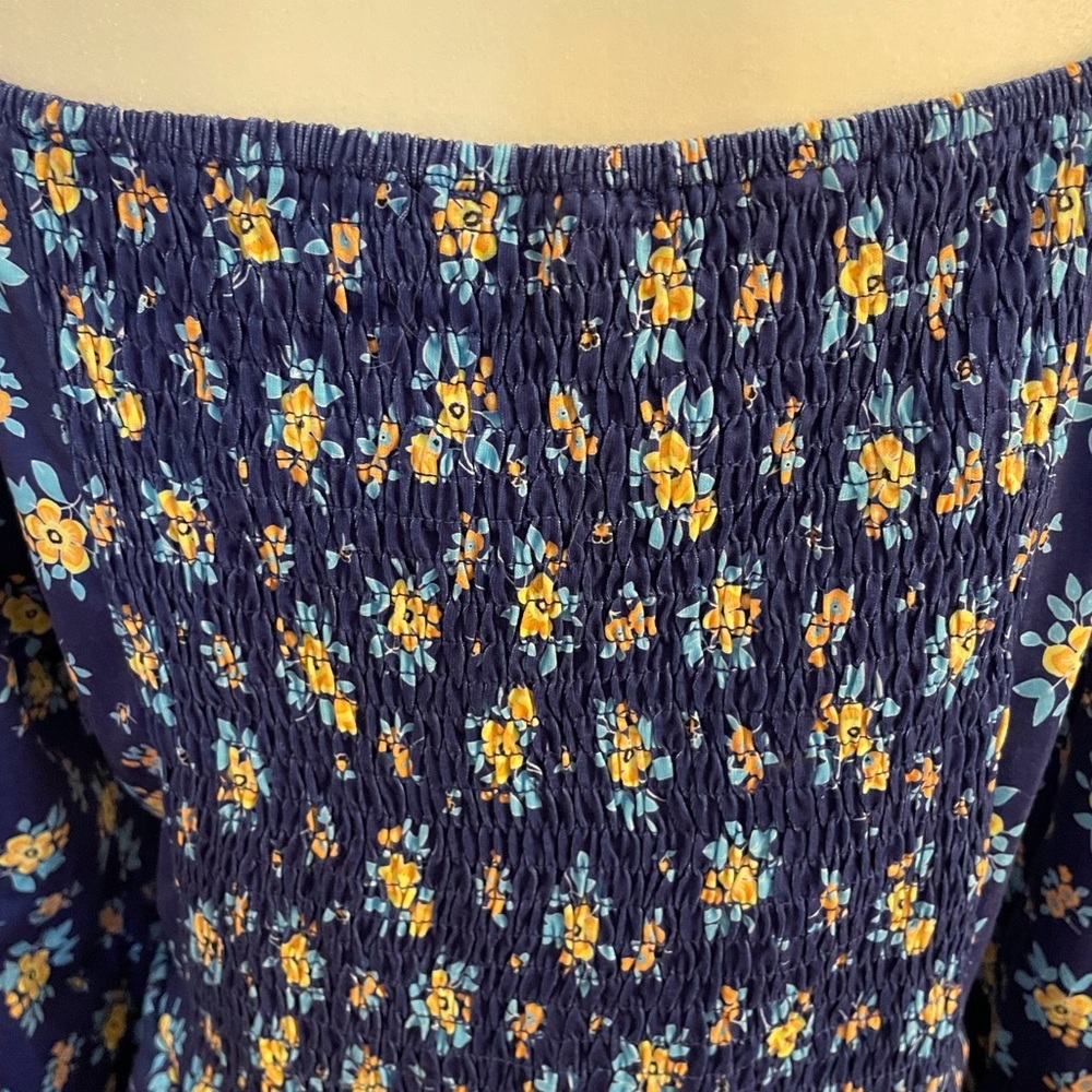 A-line Puff Sleeve Dress Blue Flowery Size XXL - Picture 10 of 13